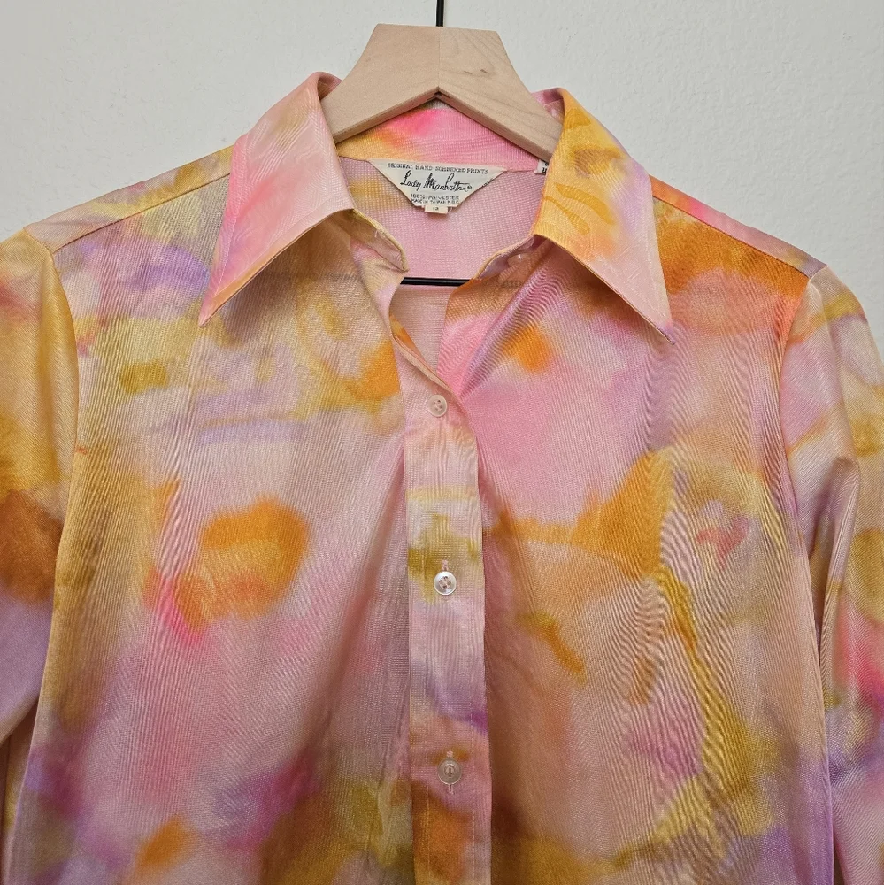 Vintage 70s Lady Manhattan Watercolor Abstract Groovy Pink Blouse - Picture 6 of 15
